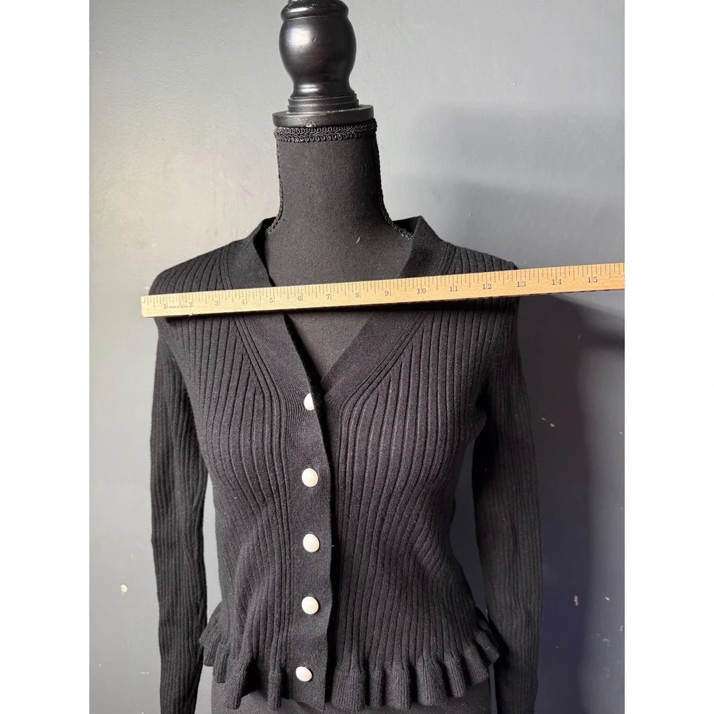 Commense Black Ribbed Peplum Cardigan Ruffle Cuff Button Front V-Neck Large - Picture 7 of 8